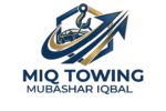 MIQ Towing logo featuring a flatbed tow truck hook and car graphic, representing Mubashar Iqbal and مؤسسة الخطوط الجديدة للنقليات.